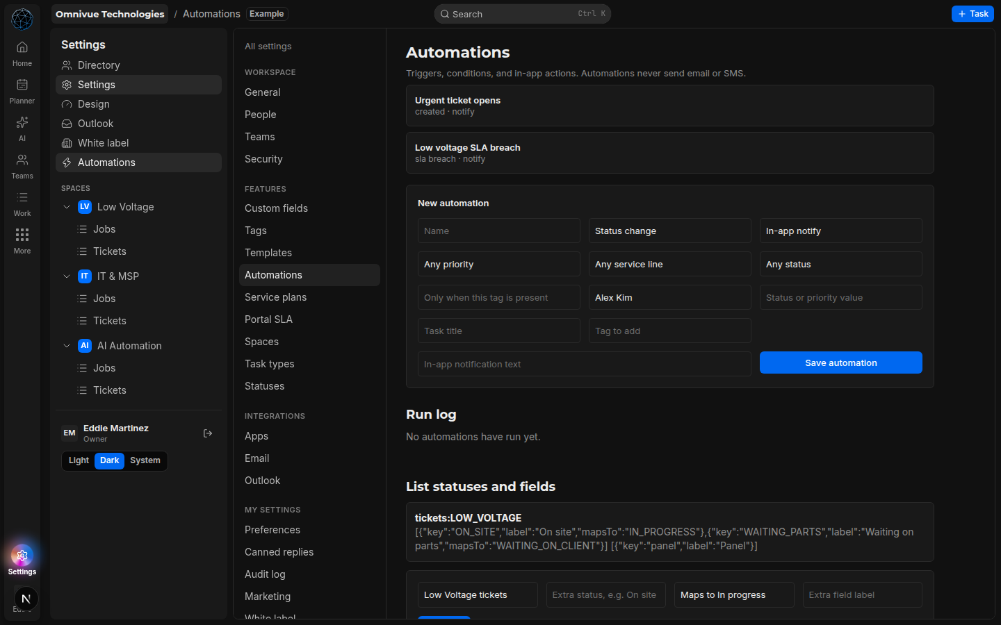 Automations builder in Settings with trigger, condition, and action fields