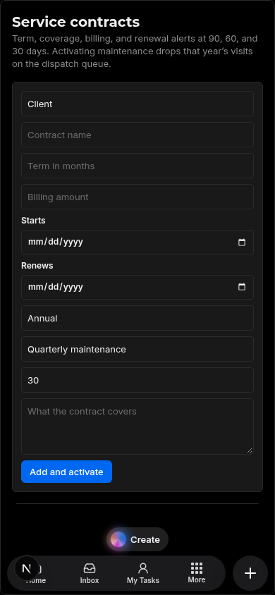 Service contracts form with term, billing, and maintenance frequency