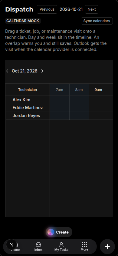 Dispatch board with technician rows and hour columns